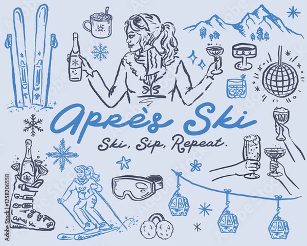 Fototapeta Après-ski - Whimsical hand drawn illustration set, vector collection
