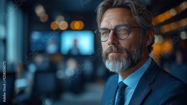 Fototapeta Executive Portrait: A confident, mature businessman with salt and pepper beard and glasses, sits in a modern office setting.  The image projects authority, experience, and professionalism. 
