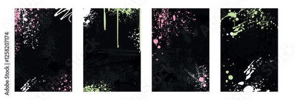 Fototapeta Abstract graffiti borders, rectangle frames with spray paint drops, splatter texture, urban elements and inky drips. Vector set of hand drawn hip hop street art black covers with dirty grunge splashes