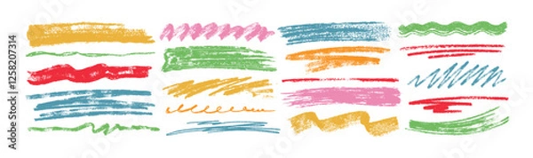 Fototapeta Colored charcoal underlines, scribbles and wavy brush strokes. Kids hand drawn doodle squiggles, curly lines. Pencil chalk think and rough stripes, freehand crayon smudges isolated on white background