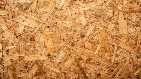 Fototapeta Close-up texture of a wooden composite material, consisting of compressed wood chips and sawdust, creating a rough and rustic surface.