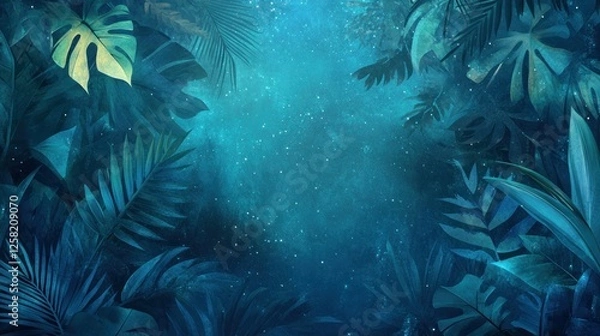 Fototapeta Lush tropical foliage frame on a dark blue background with glowing particles.