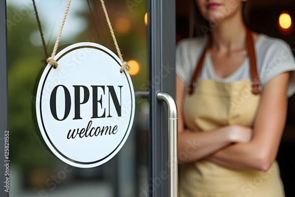 Fototapeta A glass door with a white sign displaying 'OPEN' and 'welcome', with lady shop owner in a warm cafe interior.