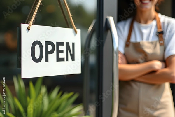 Fototapeta A glass door with a white sign displaying 'OPEN' with lady shop owner in a warm cafe interior.
