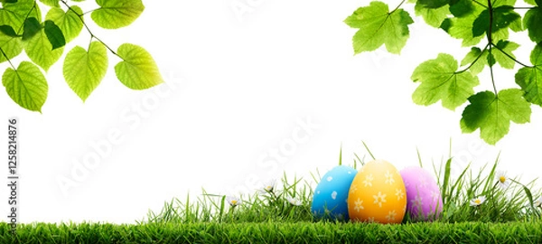 Obraz A collection of painted easter eggs under bright green tree leaves celebrating a Happy Easter in spring with green short cut meadow grass against an isolated transparent background.