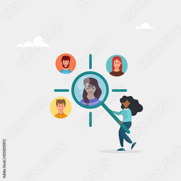 Fototapeta Manager with magnifying glass focuses on clients. Customer-centric marketing strategy for product and service development. Vector illustration.
