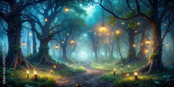 Fototapeta A winding path through a mystical forest illuminated by lanterns hanging from the branches and glowing orbs floating in the air