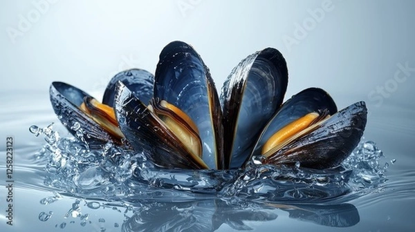 Obraz Close-Up of Fresh Blue Mussels with Water Splash on Blue Background