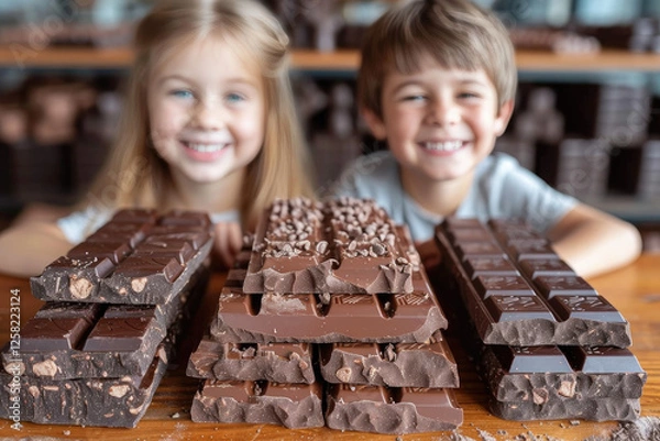 Obraz The children, a boy and a girl, made natural chocolate in a master class. The concept of Chocolate Day. Chocolate and Candy Store