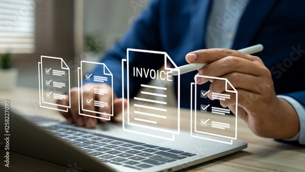 Fototapeta E-Invoice and Digital billing concept, Businessman using laptop to manage electronic statements on virtual screen. E-tax, Digital receipt, Online invoice processing and tax accounting solutions.