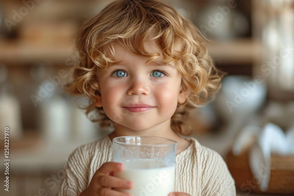 Obraz A curly-haired child with blue eyes enjoys a glass of milk while relaxing indoors in a cozy, warm environment in daylight.