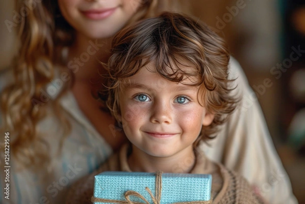 Obraz Mother day, Mom and son are happy,giving a gift