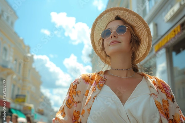 Obraz A female traveler. The concept of traveling alone, a self-sufficient woman walks through the summer streets of the city. The image of a tourist, glasses and hat