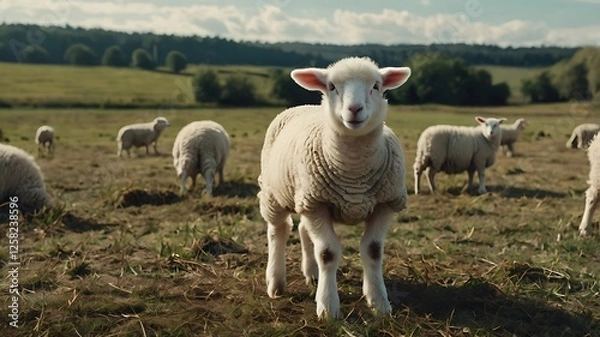 Obraz white lamb in field 