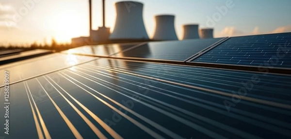 Fototapeta serene landscape featuring solar panels with nuclear facility in background, showcasing renewable energy and industrial architecture under sunset sky