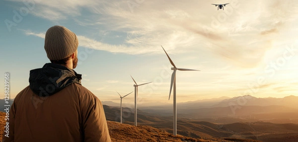 Fototapeta person observing wind turbines and drone flying in scenic landscape at sunset. serene atmosphere highlights renewable energy and technology