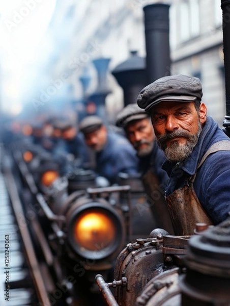 Fototapeta A crew of workers attending to steam machinery at a bustling station, illuminated by the warm glow of lanterns, capturing the essence of labor in the steam age.