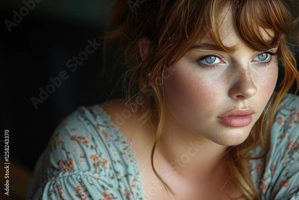 Obraz A young plus-size model poses in the studio for a photo shoot, a gentle look, modesty, a look of confidence