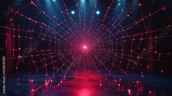 Fototapeta Glowing red web stage backdrop, neon lights, dark room, digital art