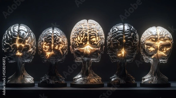 Obraz Glowing brains illuminate ideas; dark background, concept art