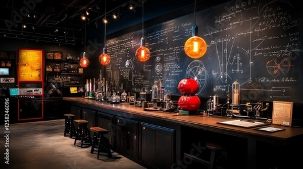 Fototapeta Vintage physics lab with Tesla coils, glowing vacuum tubes, and handwritten chalkboard equations in an oldworld setting