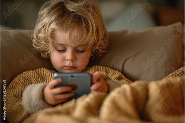 Fototapeta A little boy using a mobile phone in the house. For concept of a child addicted to a mobile phone, dependence on cartoons.