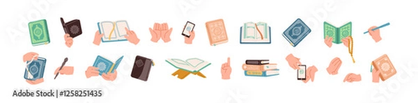 Fototapeta Set of Quran and Muslim hands gesture in colored flat cartoon design. The holy book of the Koran collection. Islamic religion symbol design element. Hand drawn vector illustration isolated on white