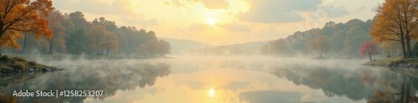 Fototapeta Delicate gold foil background with subtle reflections of a serene lake on a misty morning, peaceful, reflection