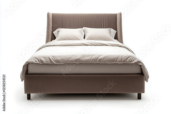 Obraz Comfy bed with pillow in bedroom isolated on white background, Luxury minimal bed with mattress and blanket on white background.