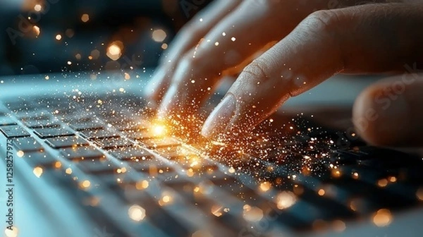 Fototapeta close up of hands typing on keyboard with magical sparkles emanating from keys, creating sense of wonder and creativity