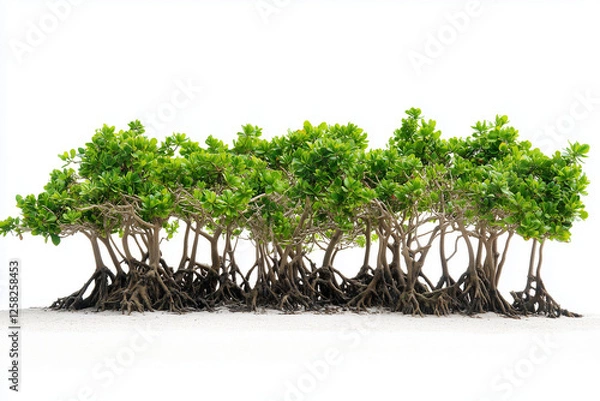 Fototapeta Selective focus mangrove forest isolated on white background, Tropical tree on the beach with branch and root.