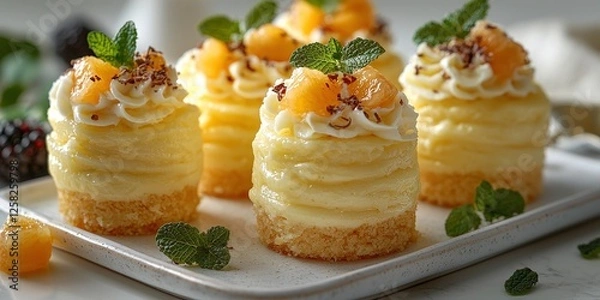 Fototapeta Delicious mini coconut cakes topped with whipped cream, pineapple, and mint leaves, perfect for tropical dessert experience. cakes are beautifully presented on white tray, inviting and fresh