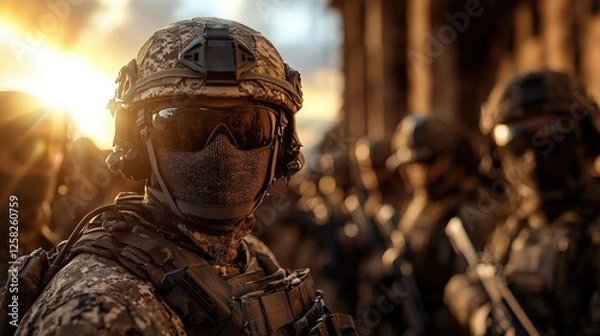 Fototapeta A group of armed soldiers in tactical gear stands ready during a dramatic sunset, highlighting their focus and readiness for action in a challenging environment.