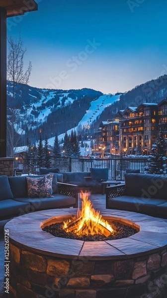 Fototapeta A warm fire pit on a snowy balcony overlooking a ski resort and mountains, capturing winter relaxation and luxury.