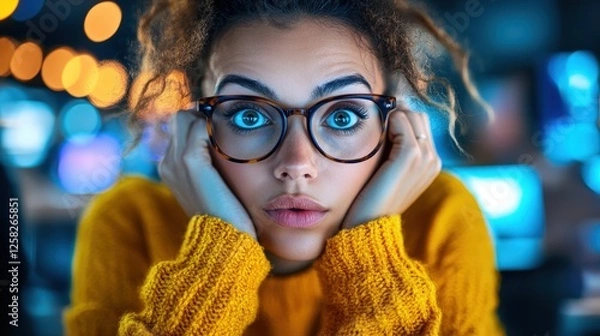 Fototapeta A young woman displays a wide-eyed expression of surprise while cupping her face, capturing the essence of emotional surprise in a vibrant, tech-inspired environment.