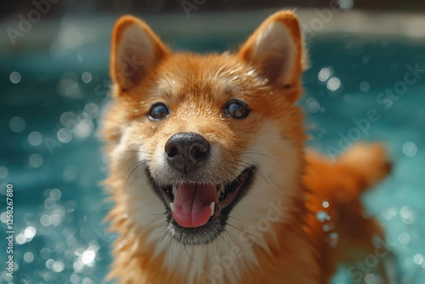 Obraz A happy Shiba Inu dog happily jumped into the pool. The dog's smile