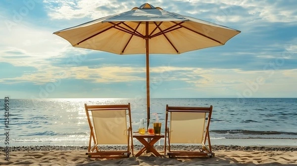 Obraz Two beach chairs under a large umbrella, facing the sea, with a small table holding refreshing drinks.