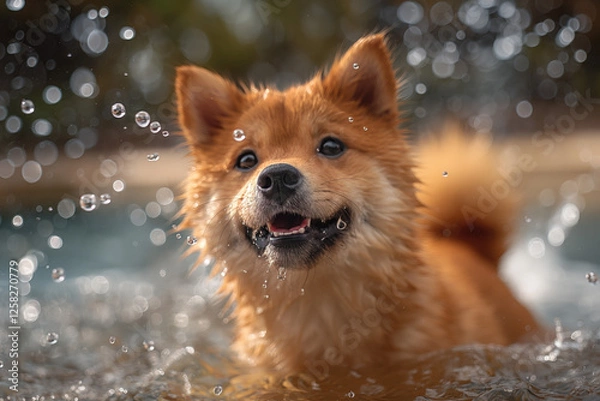 Obraz A happy Shiba Inu dog happily jumped into the pool. The dog's smile