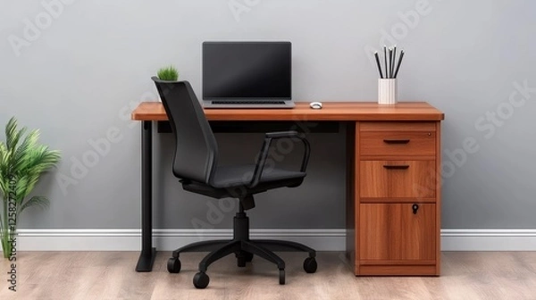 Fototapeta Modern home office setup featuring a wooden desk, ergonomic chair, and computer against a neutral wall