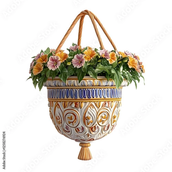 Obraz Planters with ornate patterns in oriental style. A bright flower grows in a bright and colorful planter. The picture is isolated on a white background.