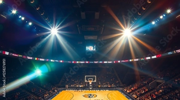 Fototapeta Dynamic Basketball Arena with Players, Fans, and Vibrant Atmosphere