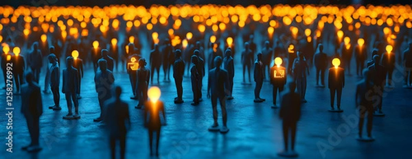 Obraz Crowd illuminated ideas, night scene, collective thought