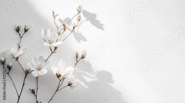 Fototapeta A delicate arrangement of white flowers casting soft shadows on a clean wall, creating a serene and tranquil atmosphere perfect for floral design.