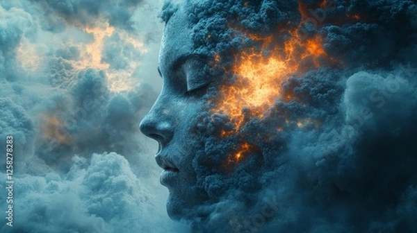 Fototapeta A woman's face is shown in a cloud of smoke with a fire in her eye