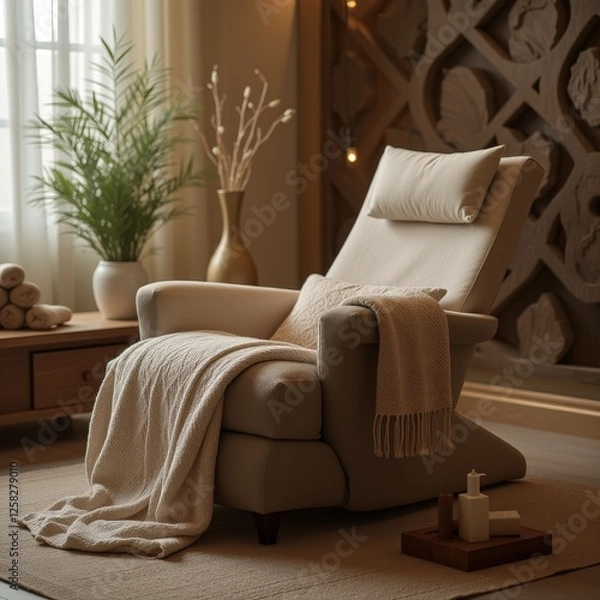 Fototapeta A serene living room corner featuring a comfortable armchair draped with a cozy blanket and surrounded by natural elements for a relaxing atmosphere