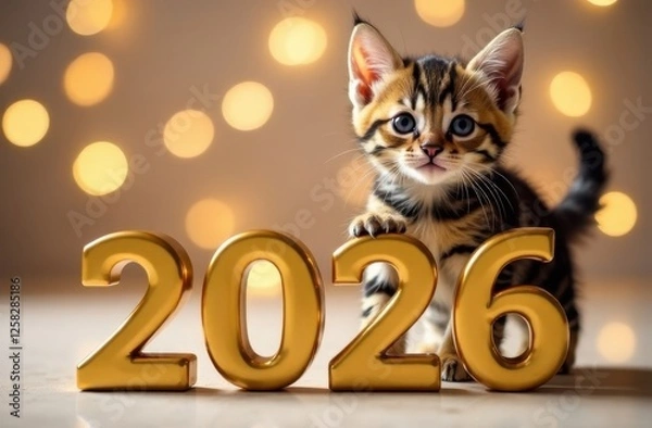 Fototapeta A funny striped kitten sits next to the numbers of the new year 2026 against the background of Christmas lights	