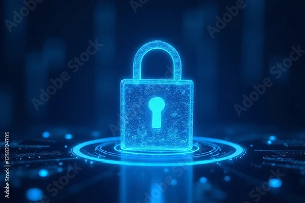 Fototapeta Cybersecurity Lock: A glowing blue digital padlock, symbolising data protection and online security, is displayed against a futuristic digital background.