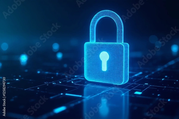 Fototapeta Cybersecurity: A glowing blue digital padlock sits atop a circuit board, symbolizing the strength and reliability of modern data security.