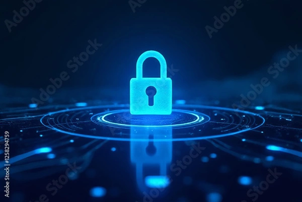 Fototapeta Digital Security: A glowing blue padlock stands as a beacon of cyber security,  its presence illuminating a digital landscape of swirling circuits and data.