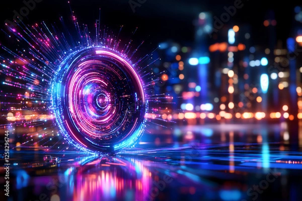 Obraz Quantum clock on digital interface with quantum entanglement visuals, showcasing the role of atoms in precise timekeeping, glowing neon colors and abstract digital design